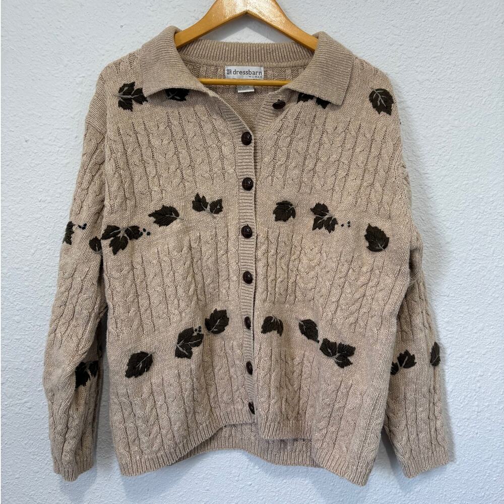 Vintage Cable Knit Sweater Cardigan Leaves 90s Fall Autumn